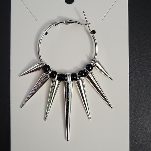 Spiked hoop earrings with alternating black beads, goth aesthetic - Picture 2 of 4